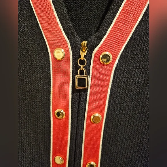 St. John Black and Red Short Sleeve Cardigan